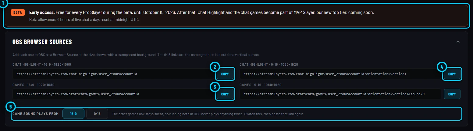 The beta note and the OBS Browser Sources card with the Chat Highlight and Games links for 16:9 and 9:16