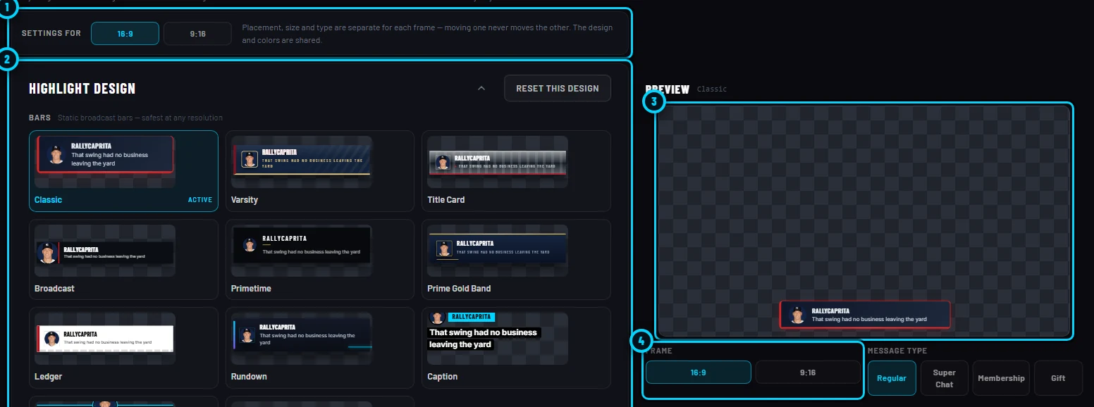 The Design tab with the 16:9 and 9:16 settings switch, the gallery of highlight designs and the live preview