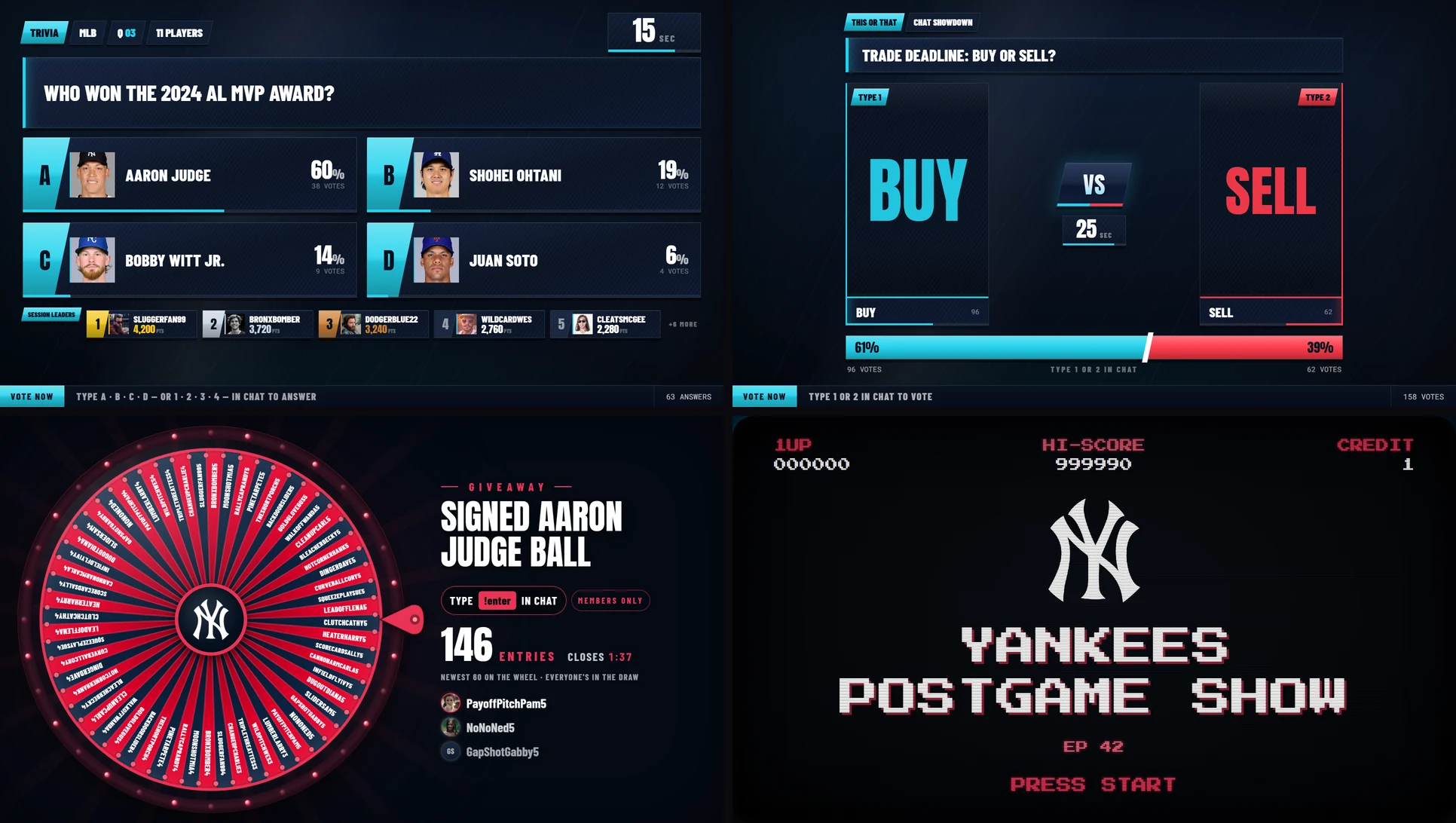 Four chat games on stream: a trivia question with a leaderboard, a This or That vote, a giveaway wheel and an arcade-style intro