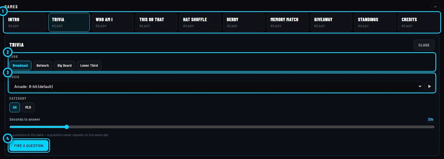 The games row and the Trivia launch sheet with its look, music, category and seconds-to-answer settings