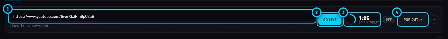 The run bar with the YouTube URL box, the GO LIVE button, the daily usage ring and the POP OUT button