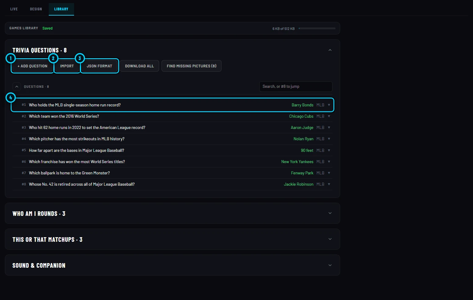 The Library tab with the numbered trivia questions, the Add, Import and JSON format buttons and the 512 KB meter