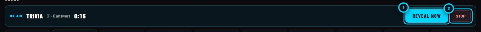 The on-air bar for a trivia question with its countdown and the Reveal now and Stop buttons