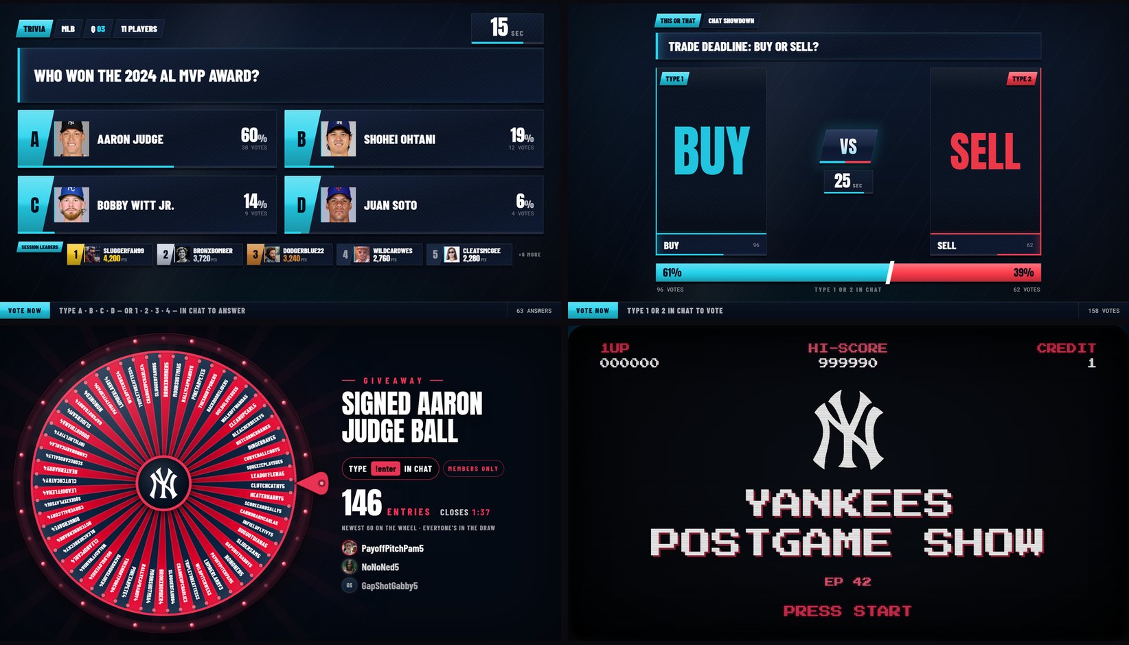 Chat games on stream: a trivia question, a This or That vote, a giveaway wheel and an arcade intro