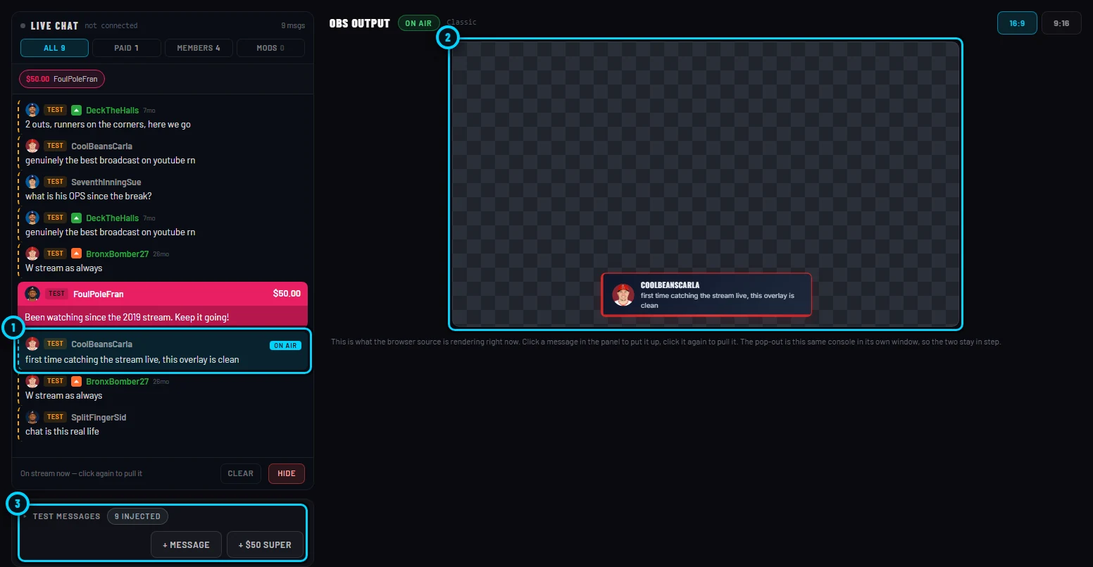 The live chat panel with test messages, one of them on air, and the OBS output preview showing it