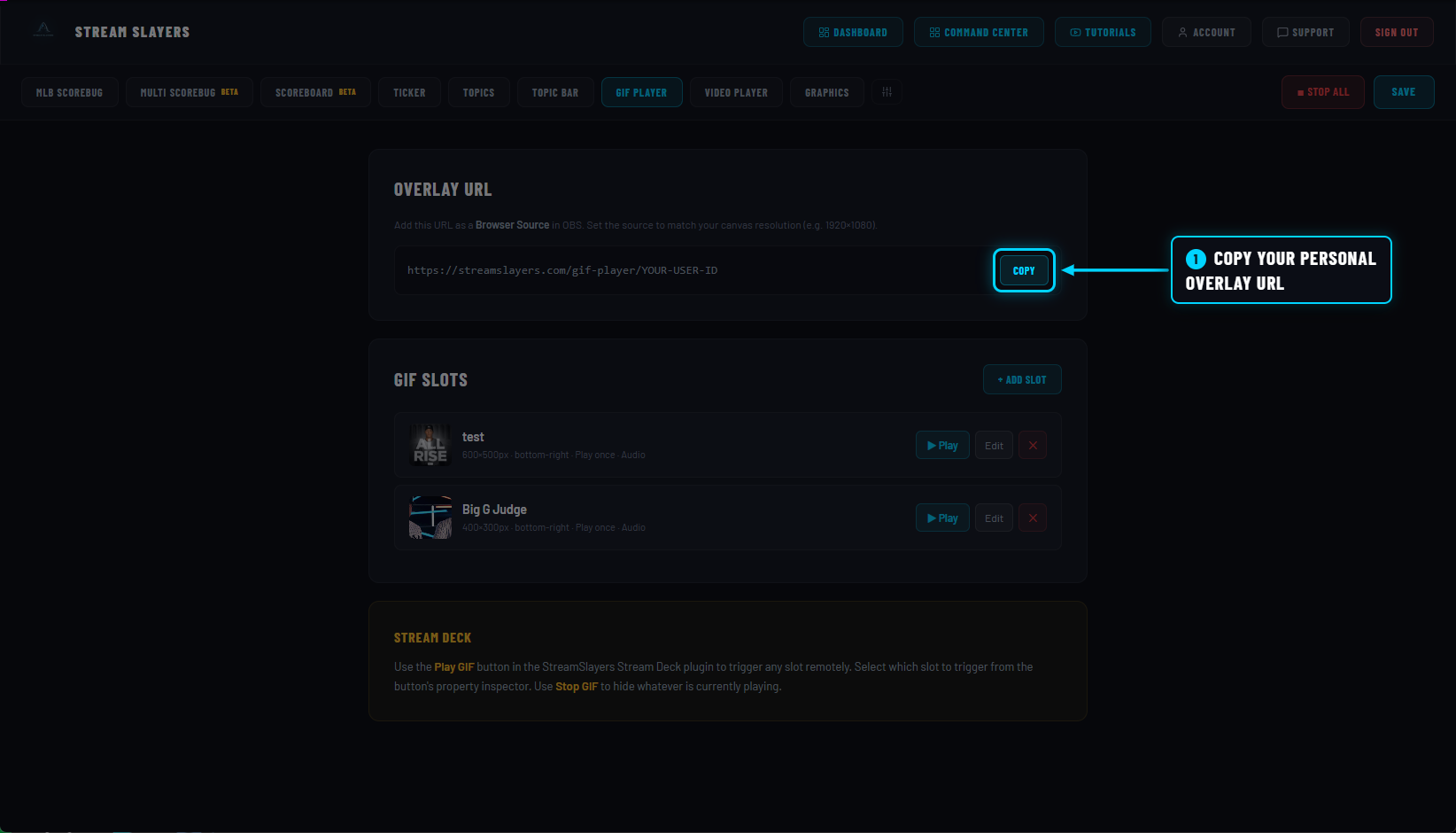 GIF Player settings page with the COPY button highlighted