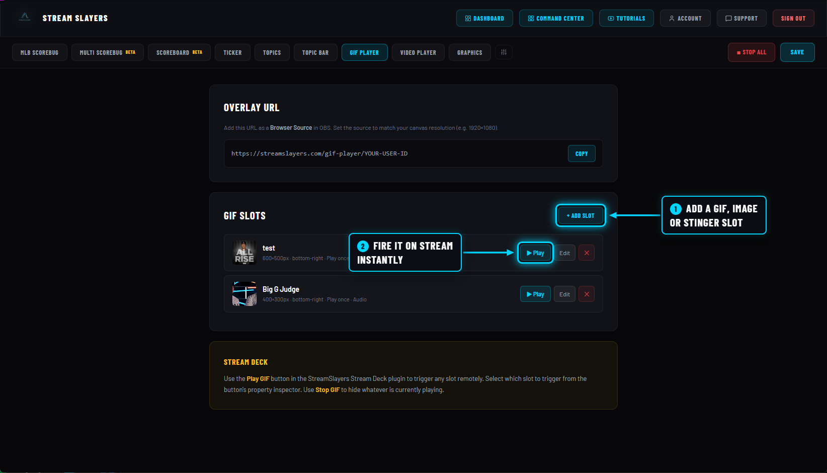 GIF Player settings page with GIF slots and play buttons