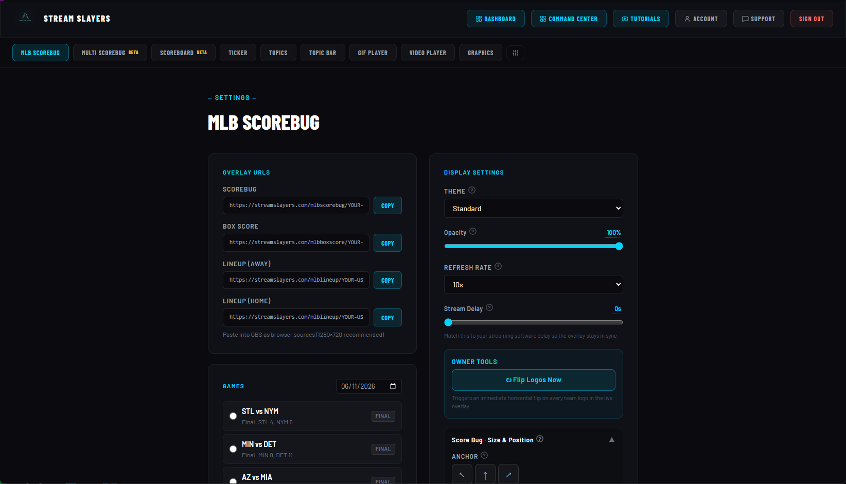 MLB ScoreBug display settings with the theme dropdown, opacity, refresh rate and stream delay