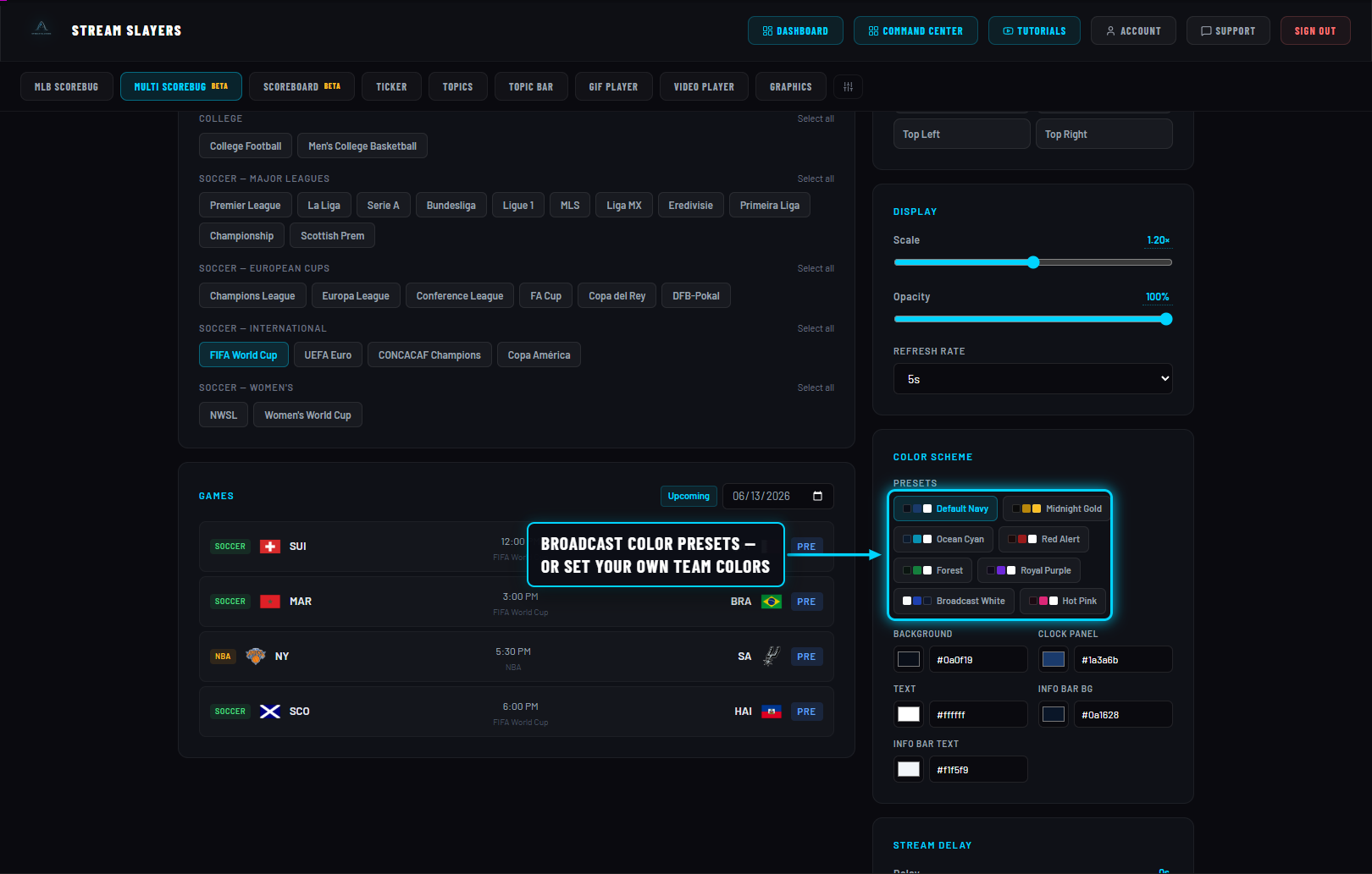 Color scheme presets panel on the Multi-Sport ScoreBug settings page