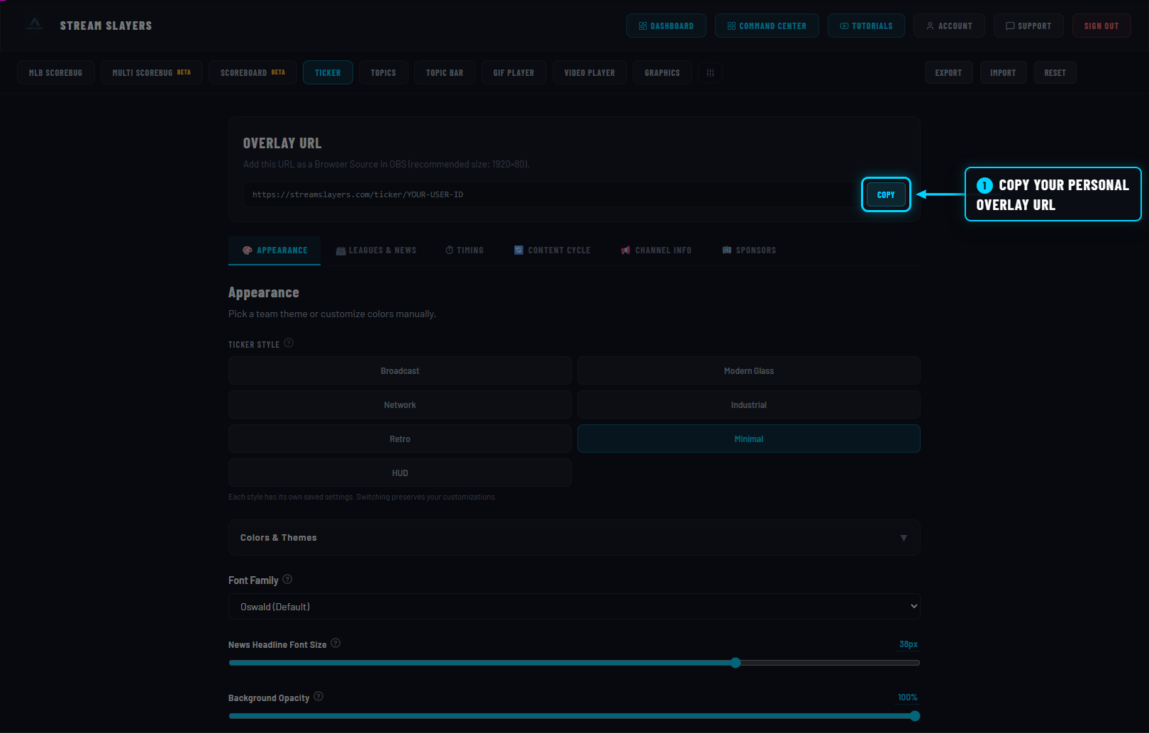Broadcast Ticker settings page with the COPY button highlighted