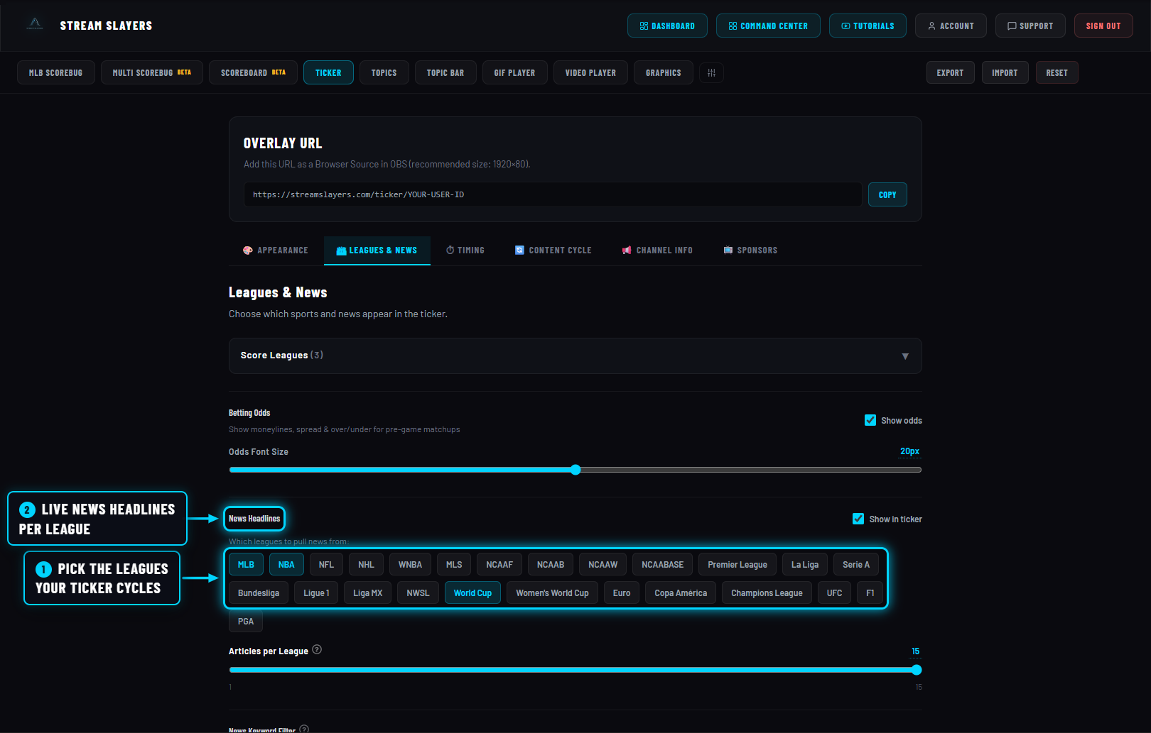 News headlines league picker on the ticker settings page