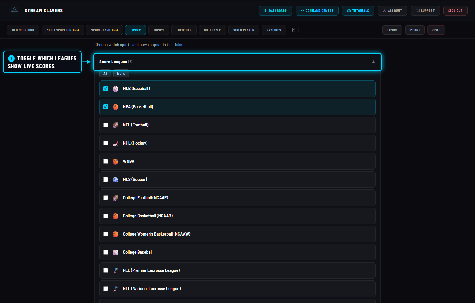 Score Leagues checklist with MLB and NBA enabled