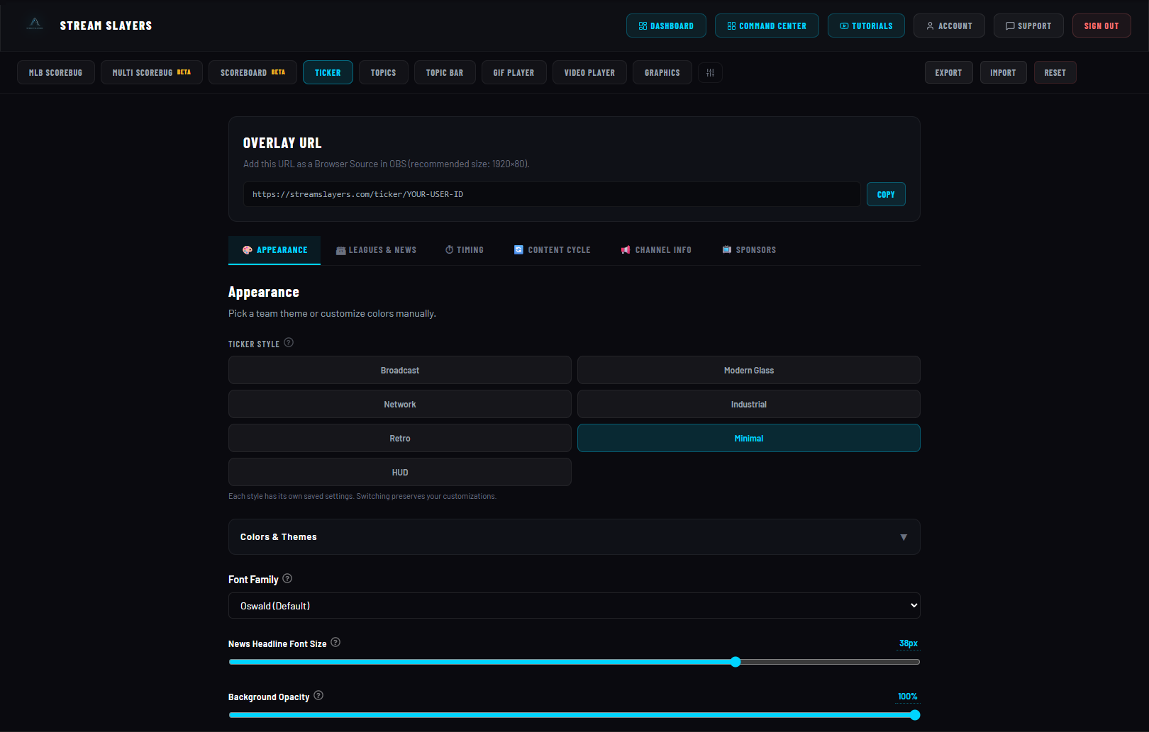 Appearance tab with badge segments, colors and the ticker height slider