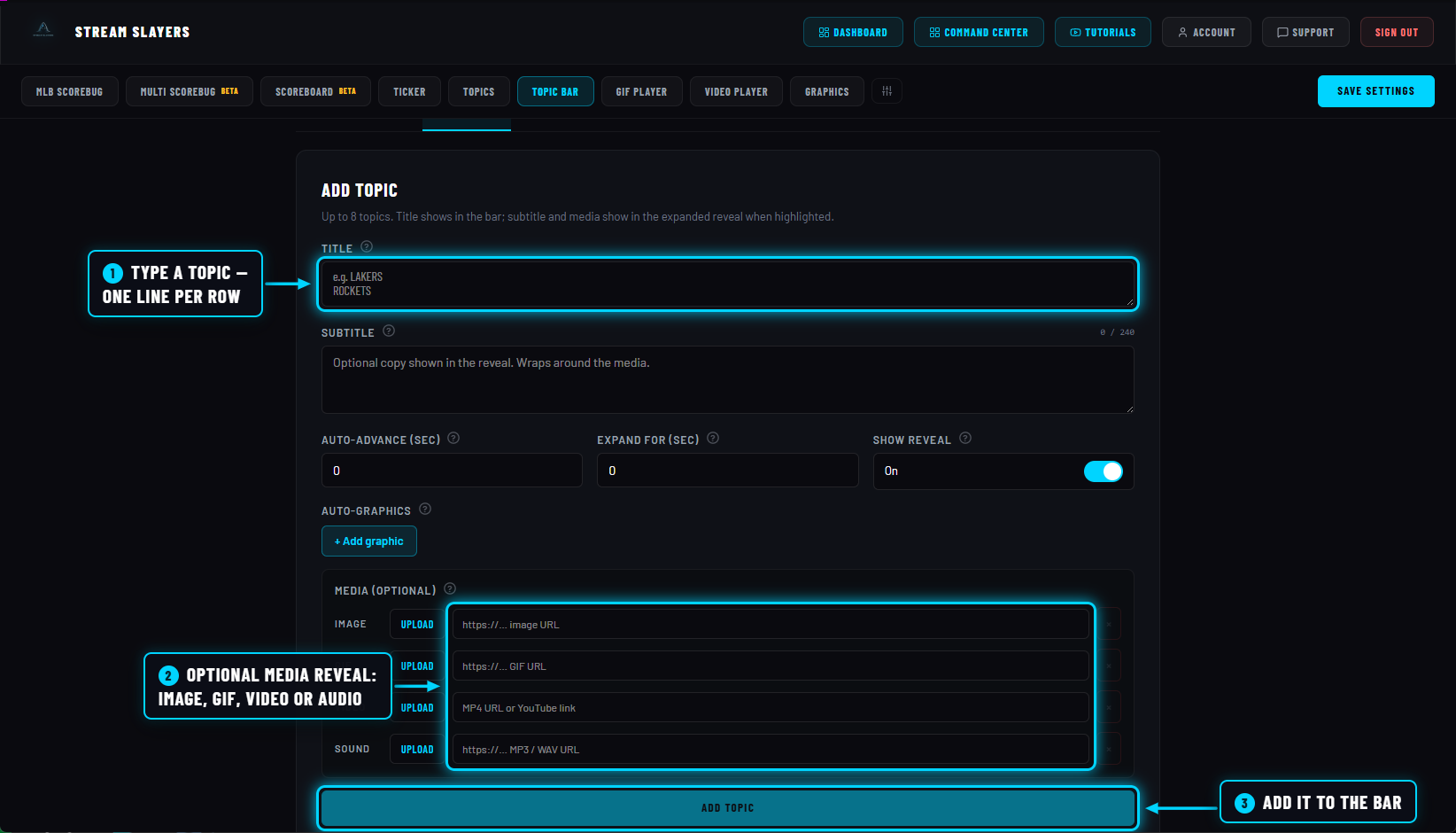 Topic Bar add-topic form with title, media slots and ADD TOPIC annotated