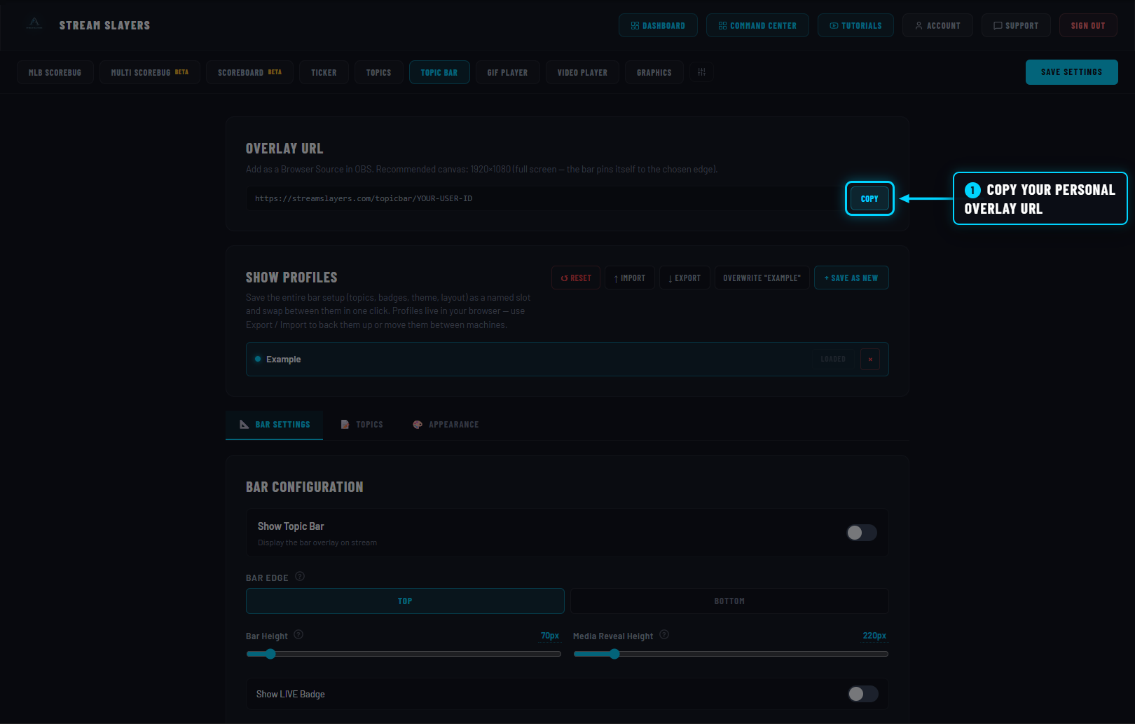 Topic Bar settings page with the COPY button highlighted