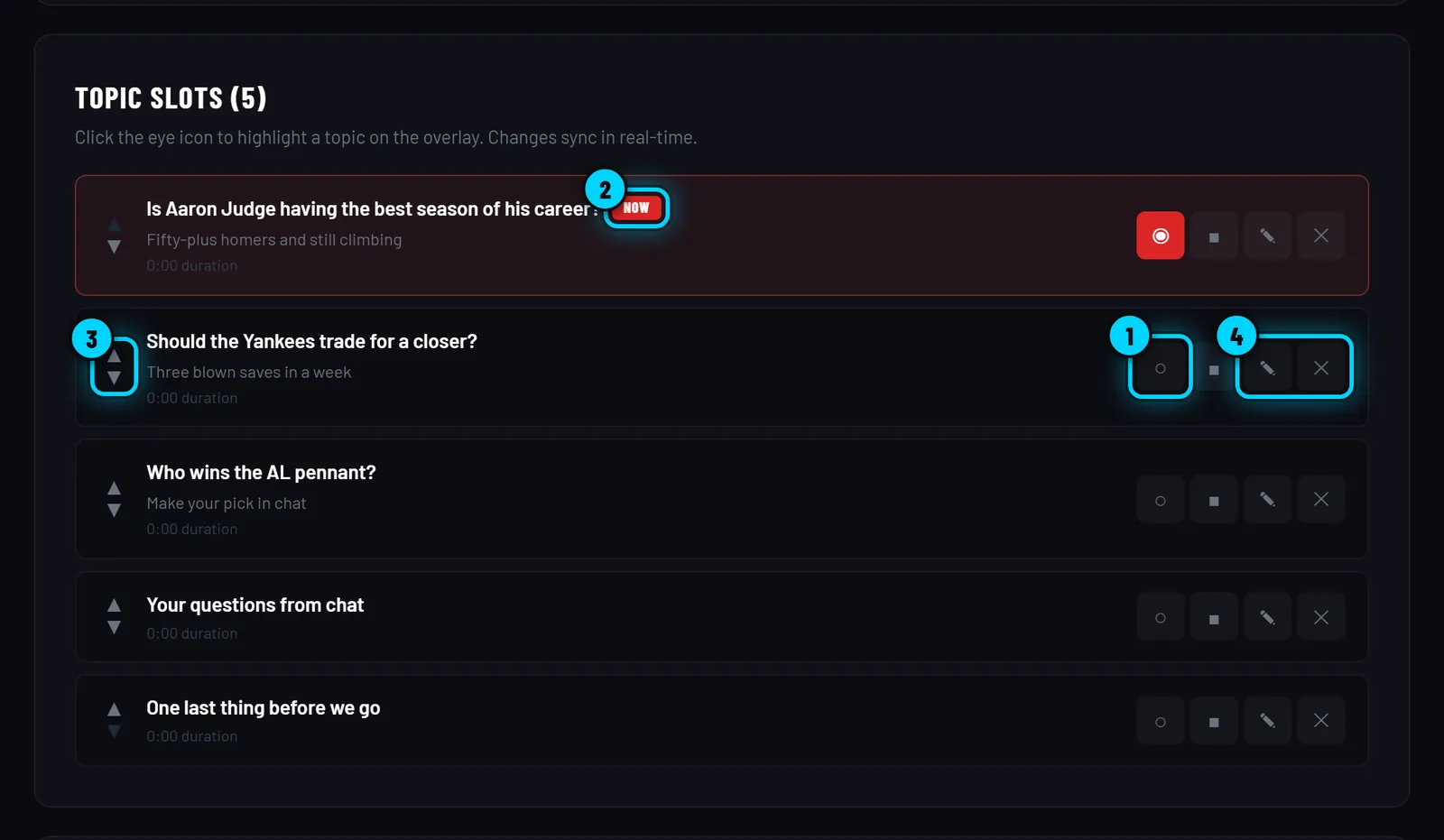 The TOPIC SLOTS list with the live topic marked NOW and the highlight, order and edit buttons