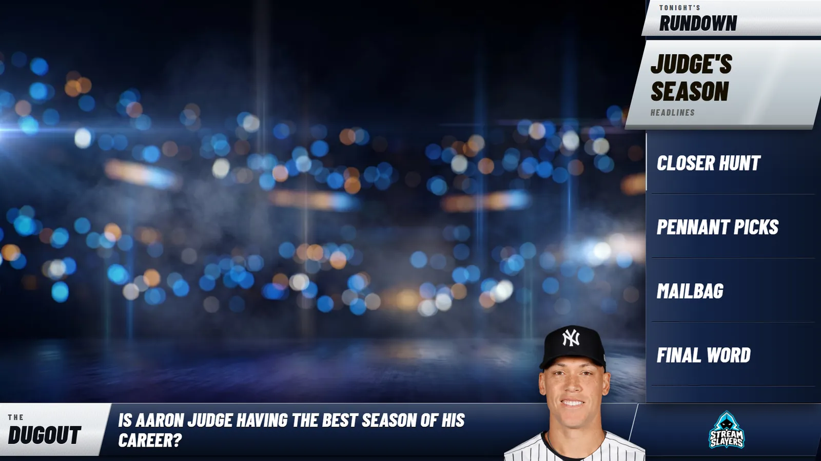 Topics L-Rundown in the Velocity style, with Aaron Judge standing on the question bar