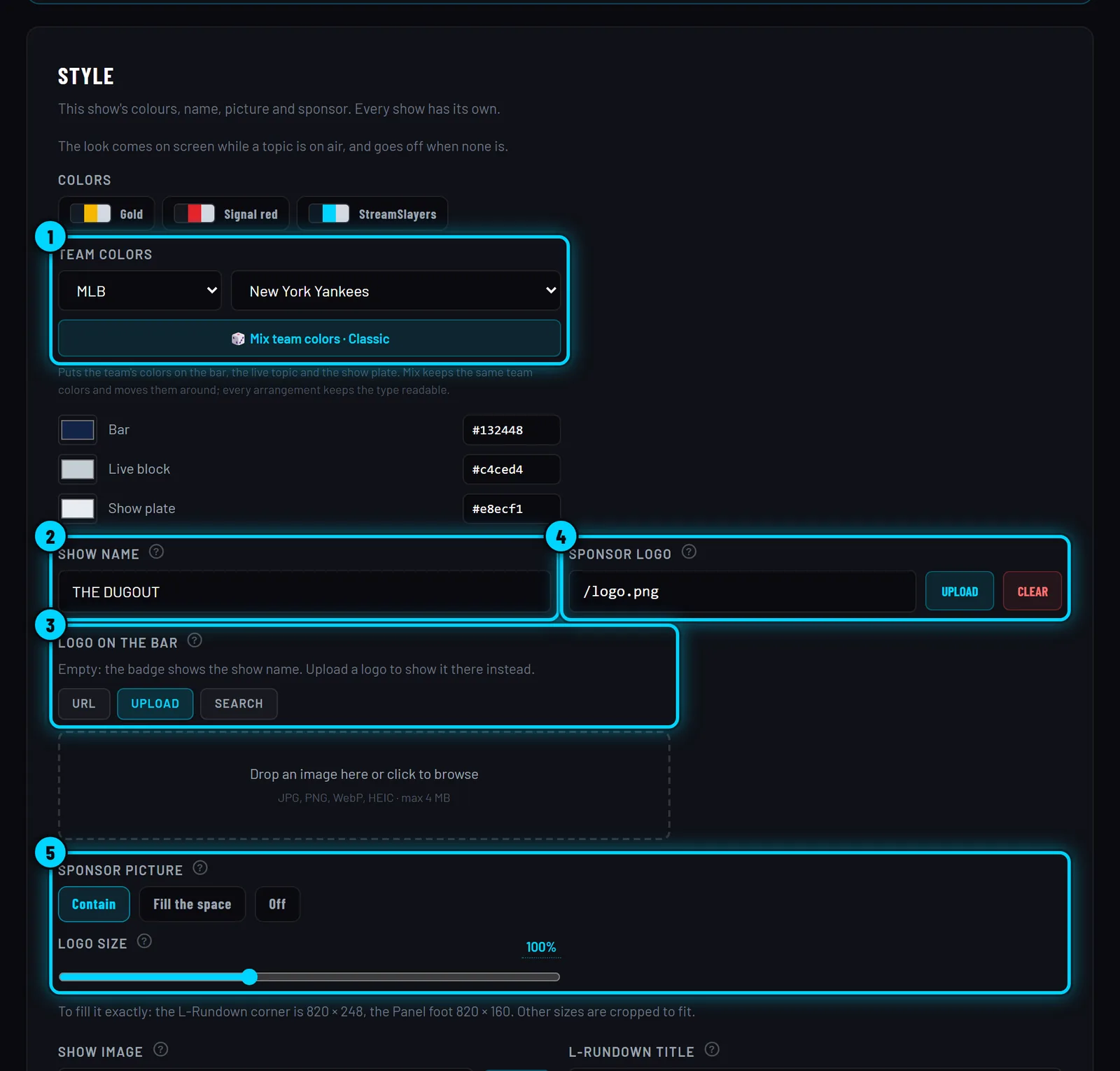 The STYLE card with team colors, the Mix button, show name, logo on the bar and sponsor settings