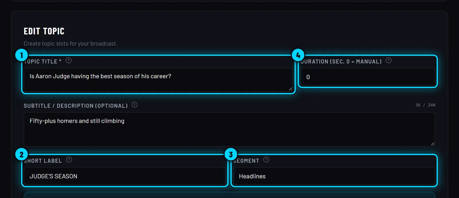 The topic form with title, duration, subtitle, short label and segment