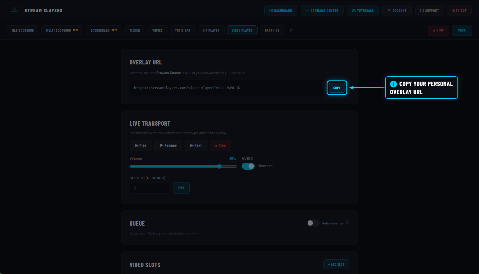 Video Player settings with the COPY button highlighted