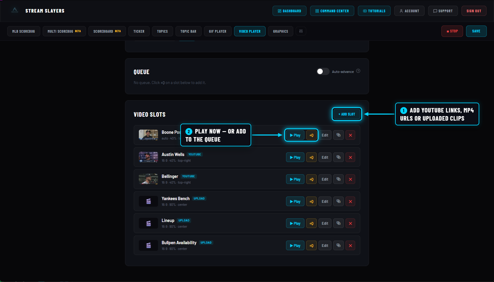 Video Player settings page with video slots, queue and live transport controls