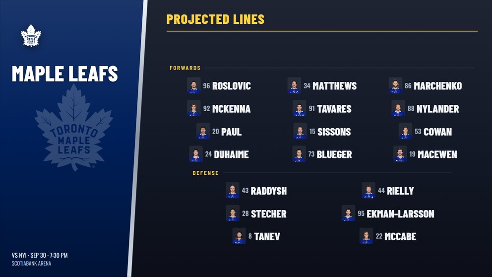 NHL lines graphic showing forward lines and defense pairs with player headshots