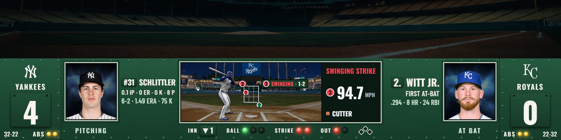 The Flagship scorebug in its Ballpark look on a Yankees at Royals game: a hand-run ballpark scoreboard with the pitch drawn in the middle, the pitcher and the hitter beside it, 94.7 on the last pitch