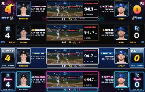 The Flagship scorebug in four of its nine looks, with the at-bat drawn live in the middle