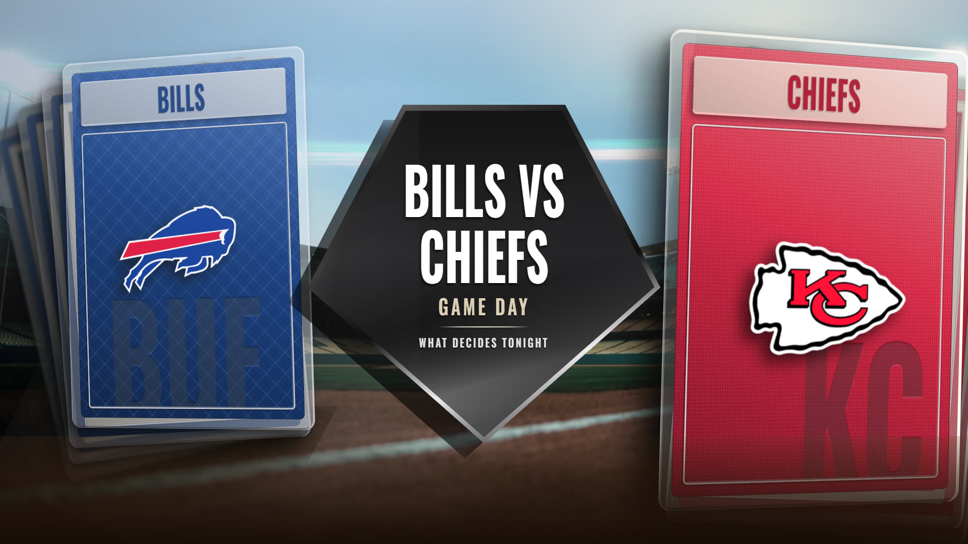 Card Stack Title: a stack of cards for each club either side of a glass home plate reading Bills vs Chiefs