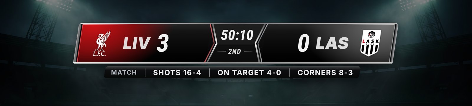 Elegant soccer scorebug overlay on a live Champions League match, a chrome-trimmed bar with club-colour glow