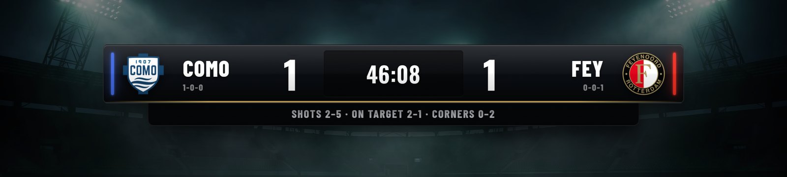 Noir soccer scorebug overlay on a live Champions League match, black glass with a gold foot line