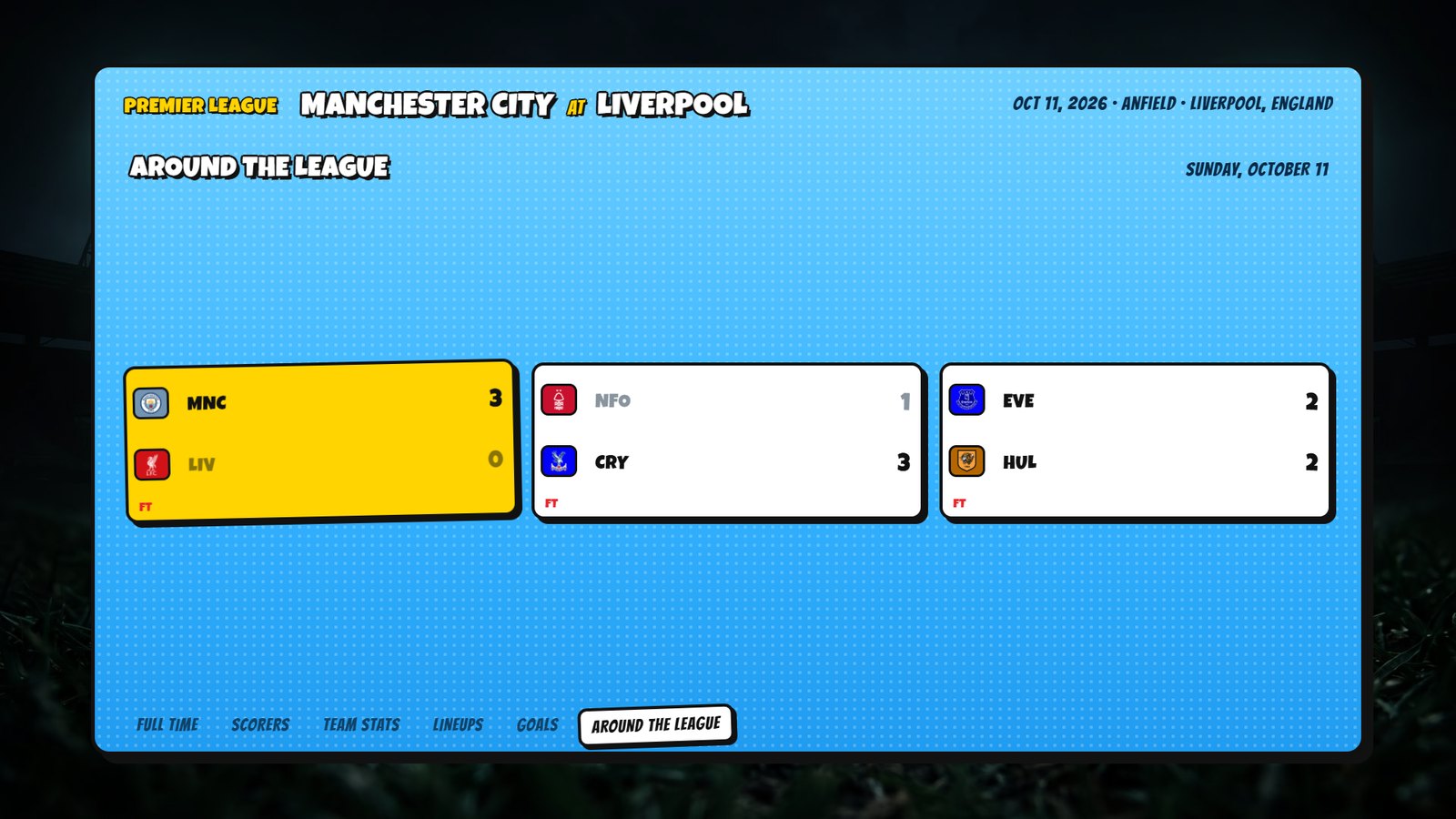 Full-screen soccer scoreboard overlay with the rest of the league’s results