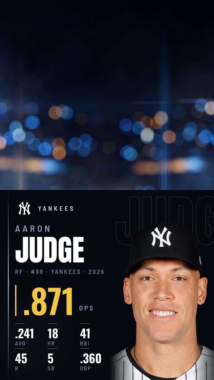 Aaron Judge's Stat Takeover in 9:16, filling the lower half of the frame with his 2026 line: .871 OPS, 18 home runs, 41 RBI