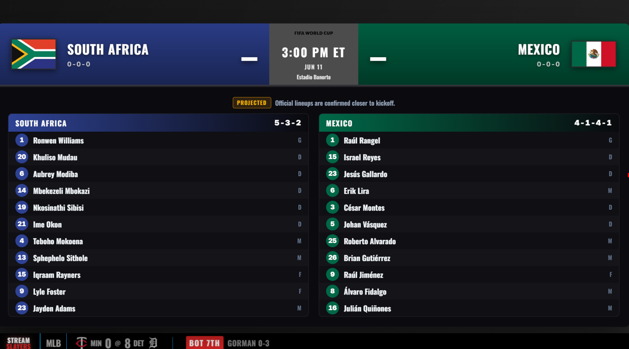 Scoreboard overlay — FIFA World Cup pre-game starting lineups